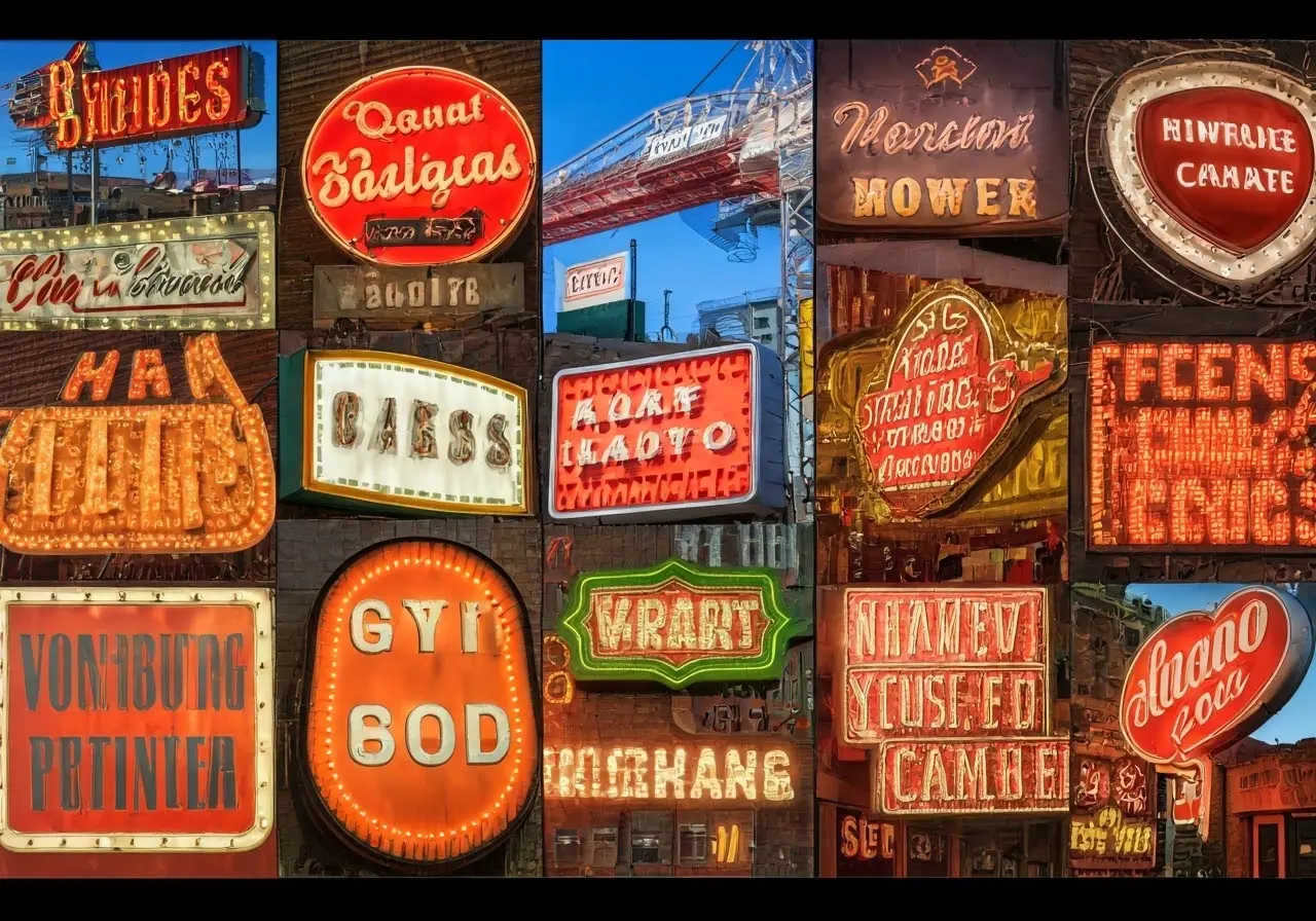 A colorful collage of vintage and modern business signs. 35mm stock photo