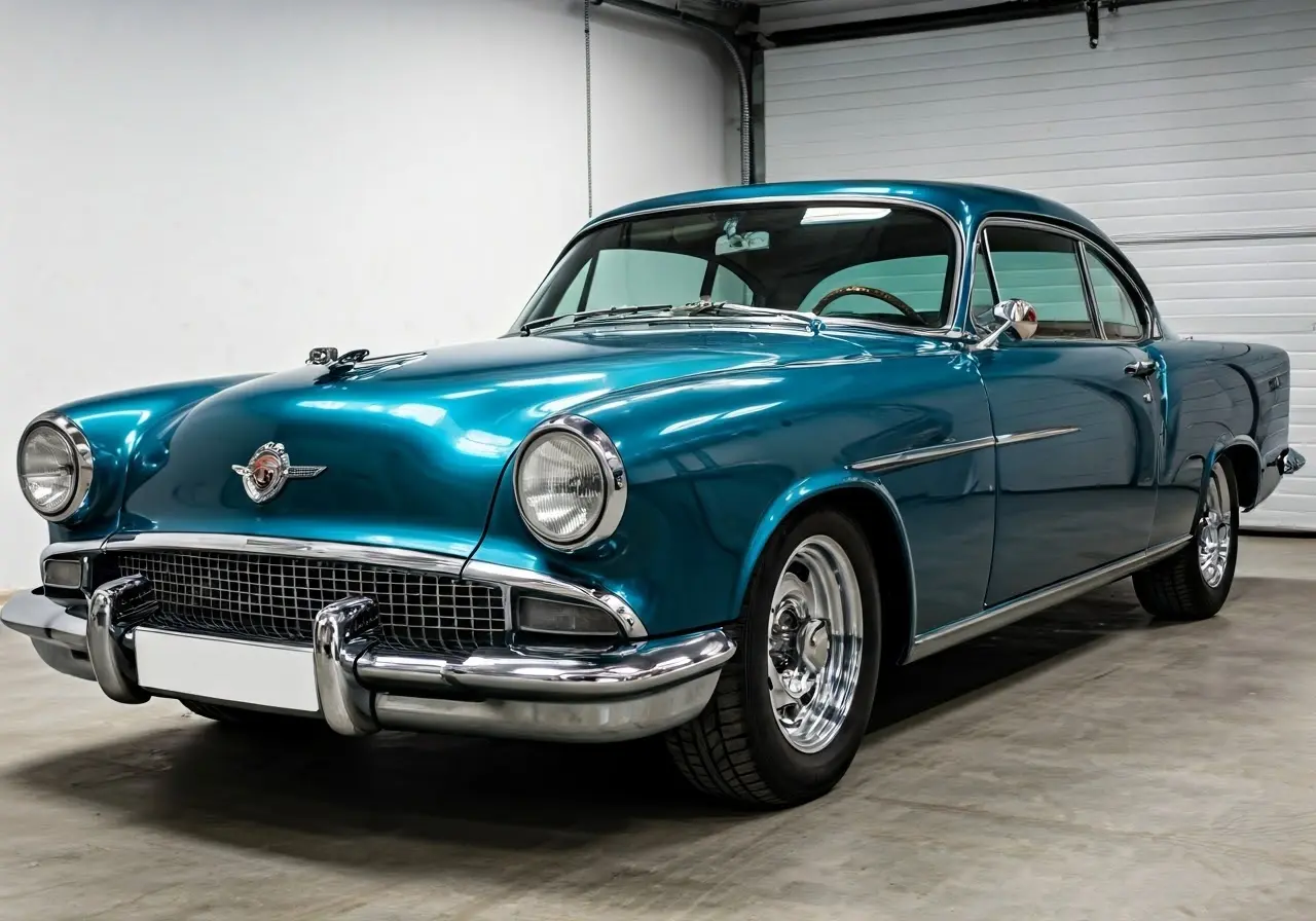 A shiny, well-maintained car parked in a garage. 35mm stock photo