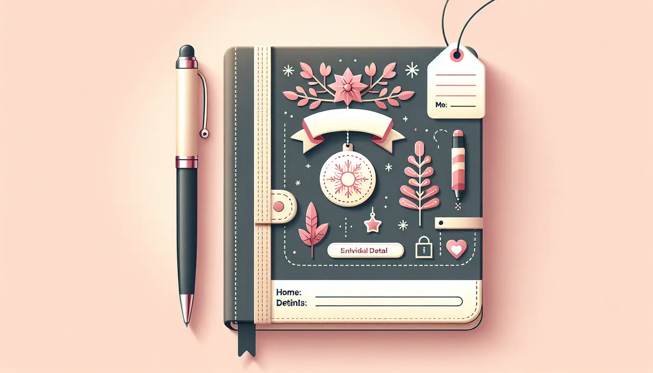 Draw a graphic in flat design style. Design an image of a personalized notebook, pen, and gift tag on a pastel background.