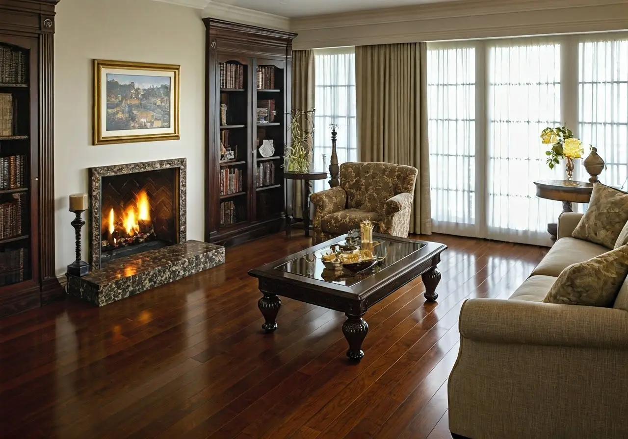 Immaculate living room showcasing gleaming surfaces and fresh atmosphere. 35mm stock photo