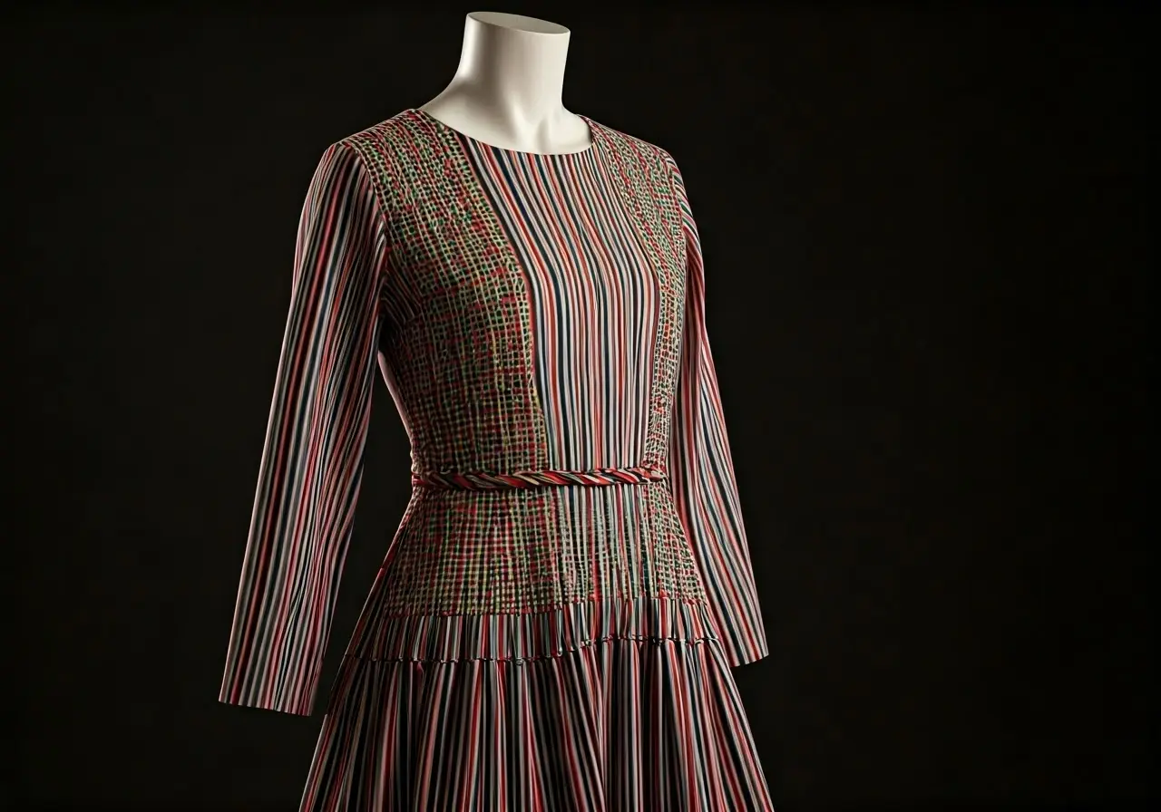 A dress adorned with traditional flag motifs displayed elegantly. 35mm stock photo