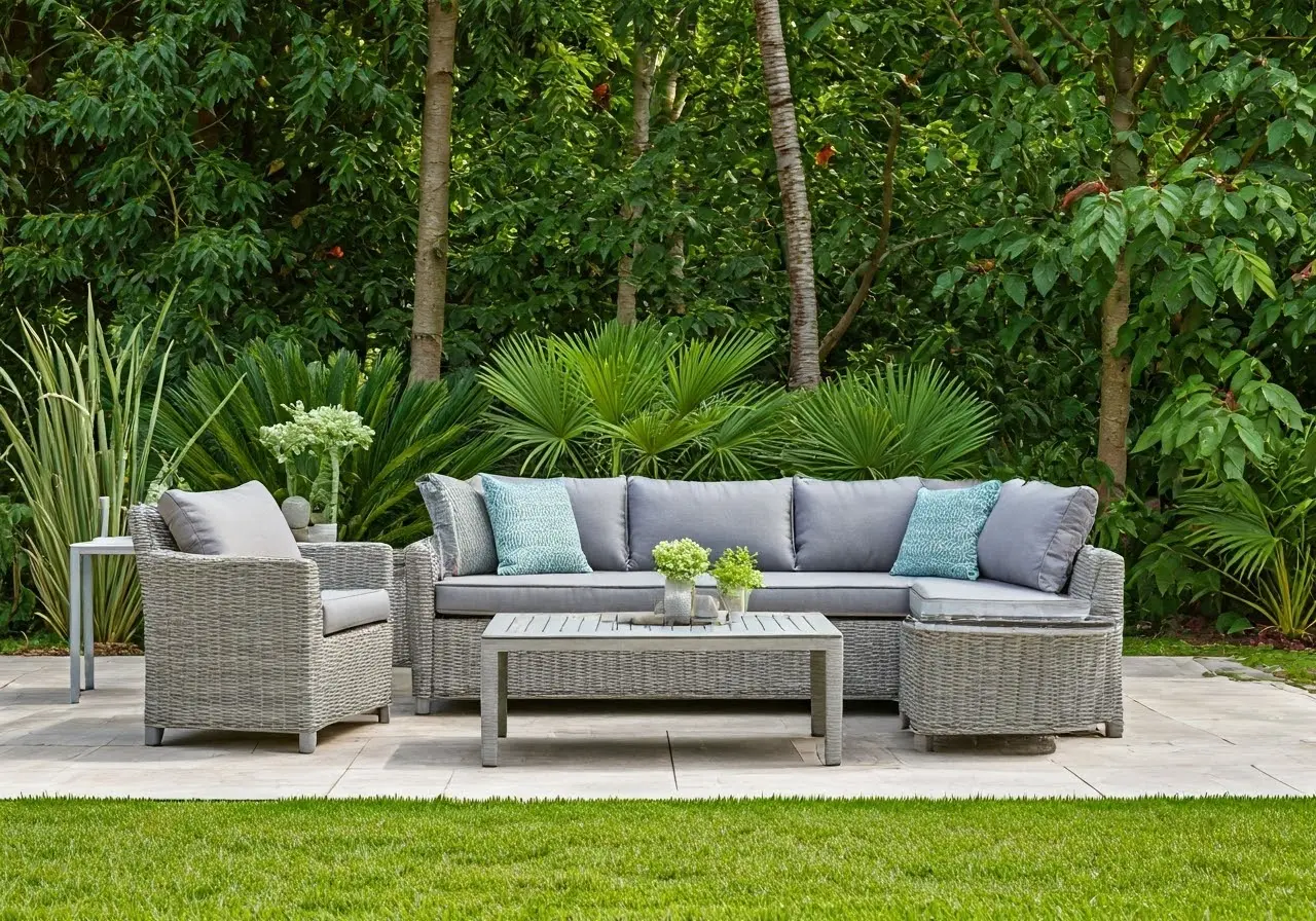 Modern outdoor furniture displayed on a stylish patio setting. 35mm stock photo