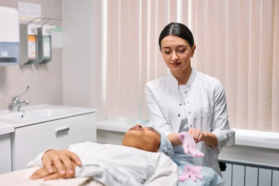 Cosmetologist wearing gloves to prepare for a skincare treatment in a medical clinic.