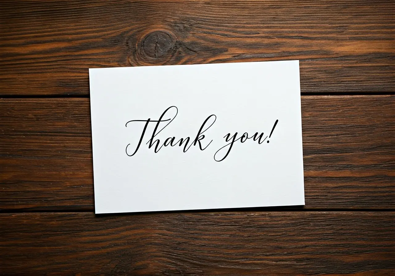 A handwritten thank you card on a wooden table. 35mm stock photo