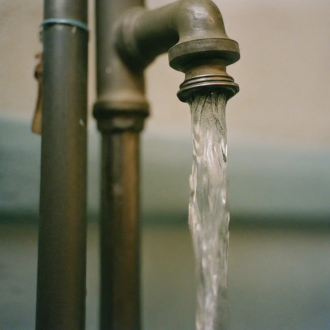 A water meter with running faucet in the background. 35mm stock photo