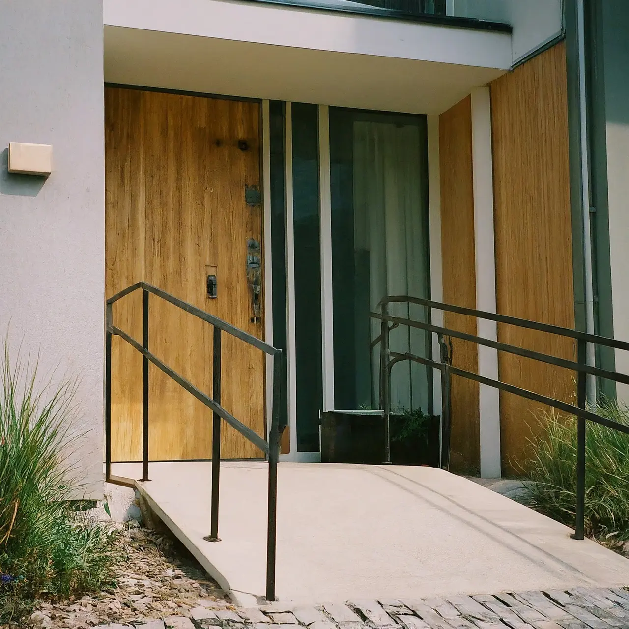 A wheelchair ramp leading to a modern home’s entrance. 35mm stock photo