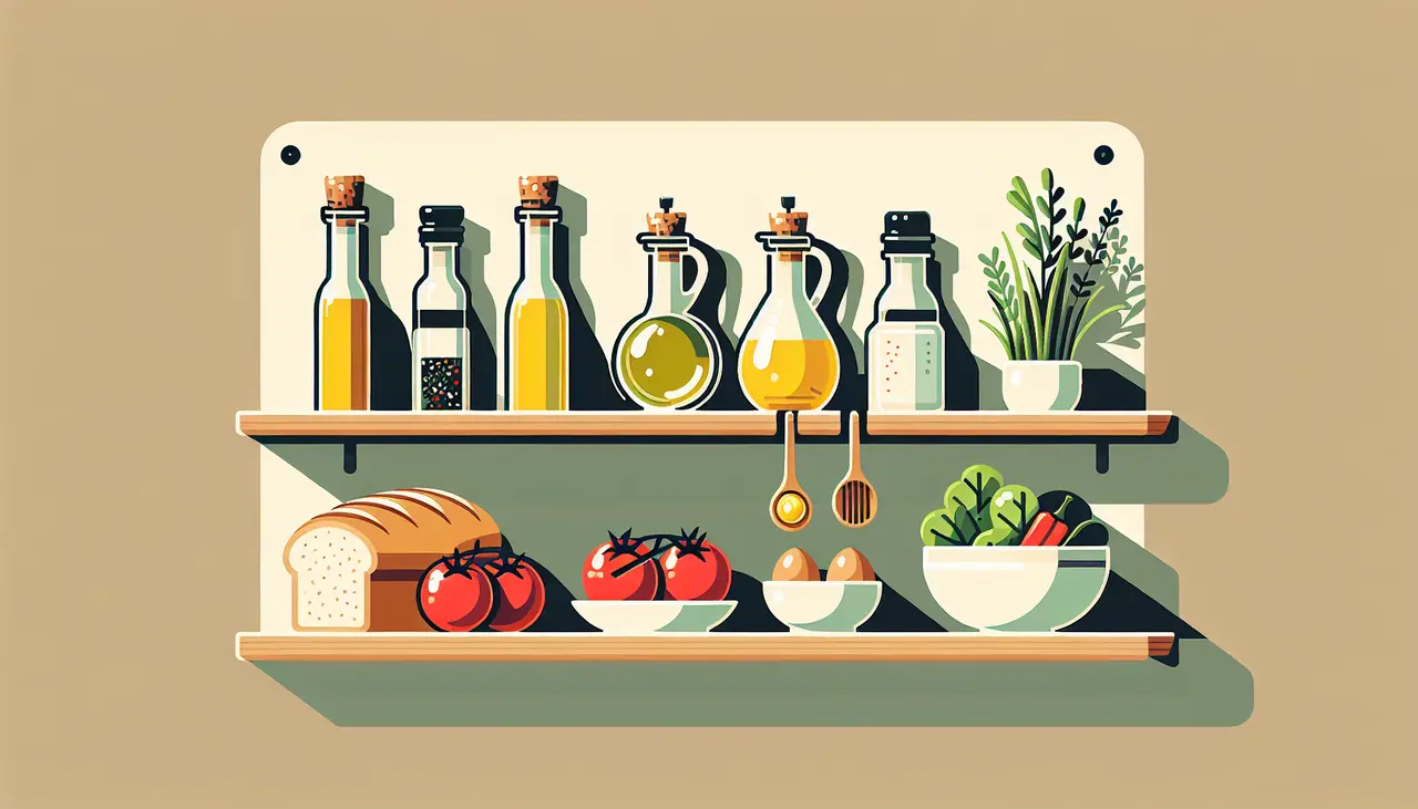 Draw a graphic in flat design style. Illustrate a neat kitchen shelf displaying various condiments like olive oil, salt, pepper, and vinegar, each paired with a small dish they complement.