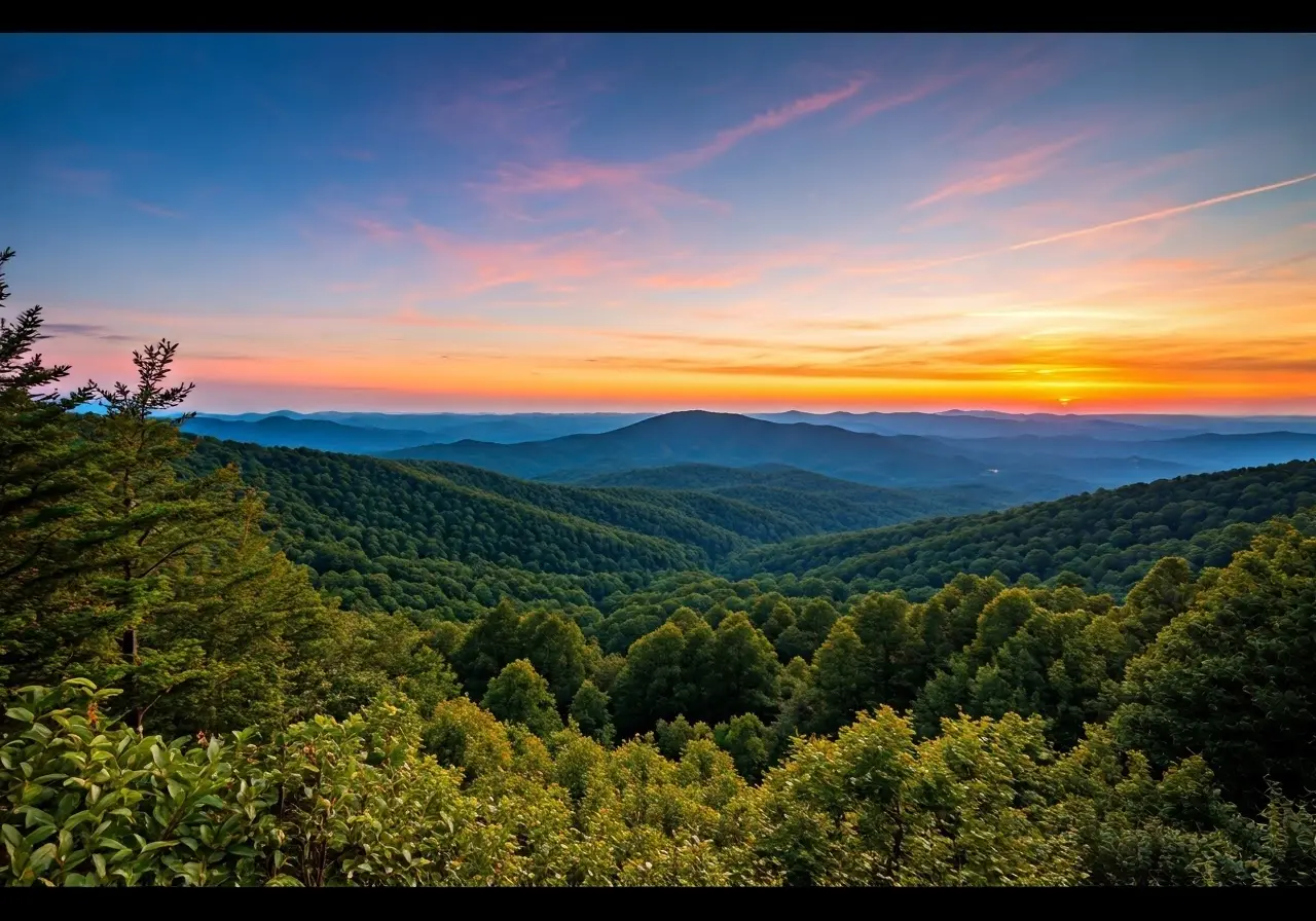 A tranquil mountain landscape at sunrise in North Georgia. 35mm stock photo