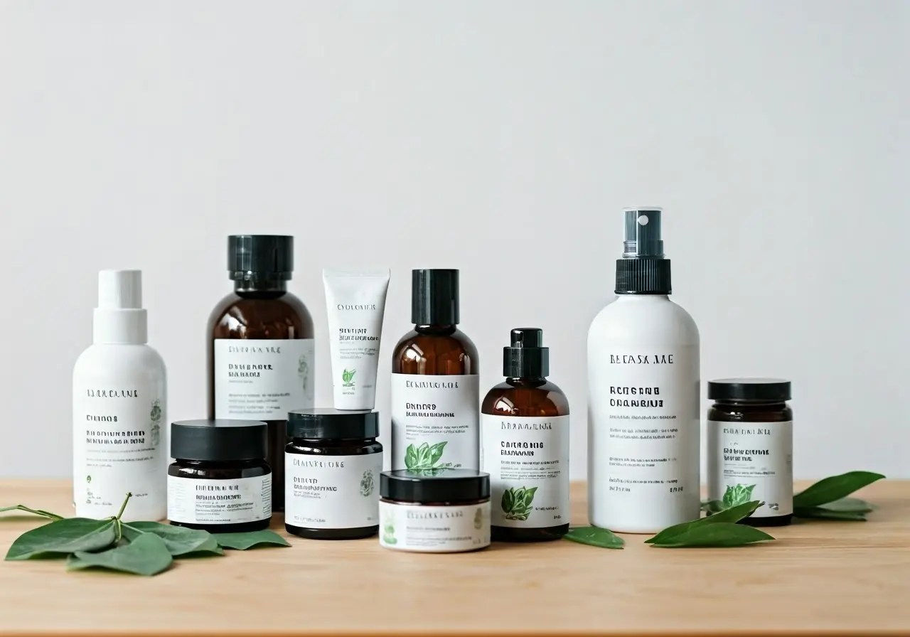 A variety of vegan skincare products arranged neatly on a table. 35mm stock photo