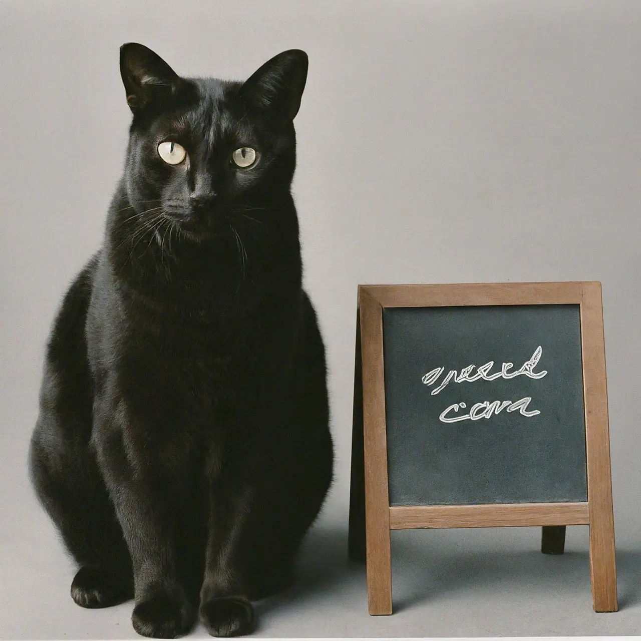 A black cat sitting next to a small chalkboard sign. 35mm stock photo