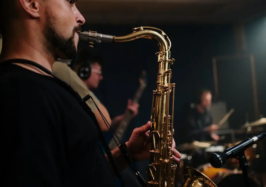 A saxophonist playing in a jazz band, highlighting the instruments and live performance atmosphere.