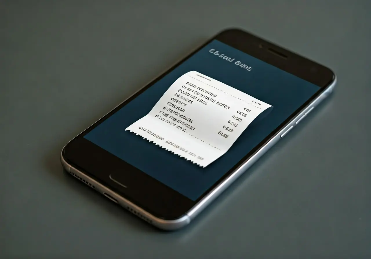 A smartphone displaying a digital receipt on its screen. 35mm stock photo