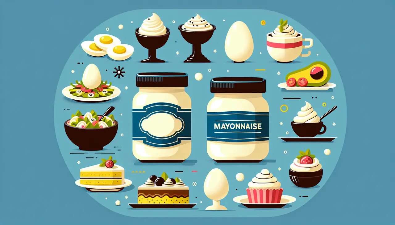 Draw a graphic in flat design style. A jar of mayonnaise surrounded by various creative dishes, like deviled eggs, salad dressing, and a cake.