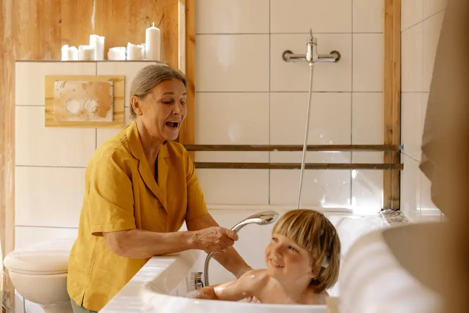 A grandmother helps her grandson bathe in a warmly lit, rustic bathroom setting, promoting family bonding.