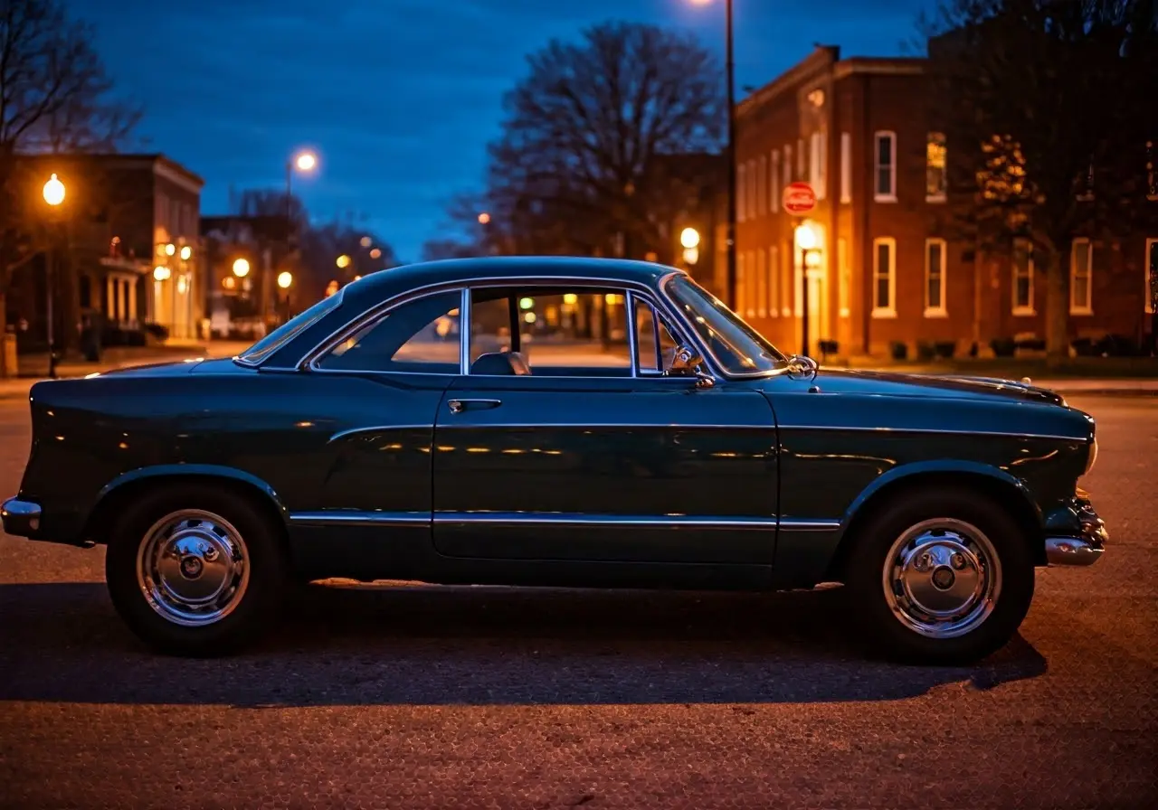 A gleaming car reflecting street lights in Lexington at dusk. 35mm stock photo