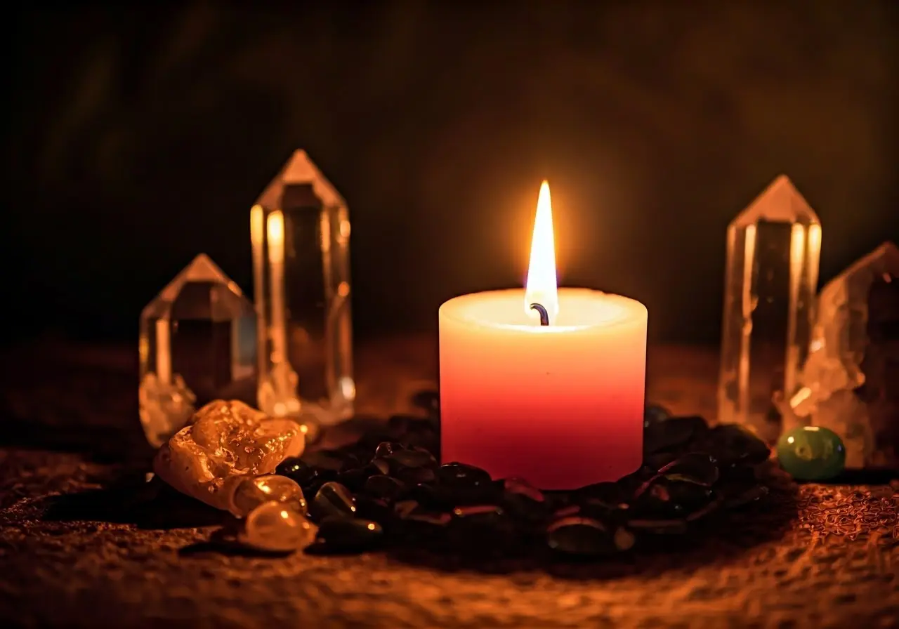 A lit candle surrounded by crystals and a serene background. 35mm stock photo