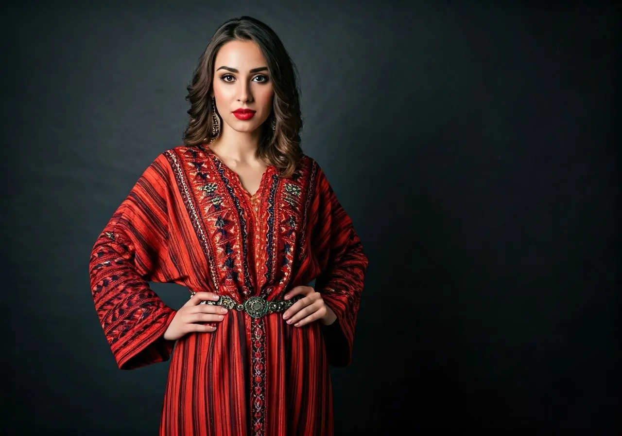 A Jordanian dress paired with contemporary accessories in a studio. 35mm stock photo