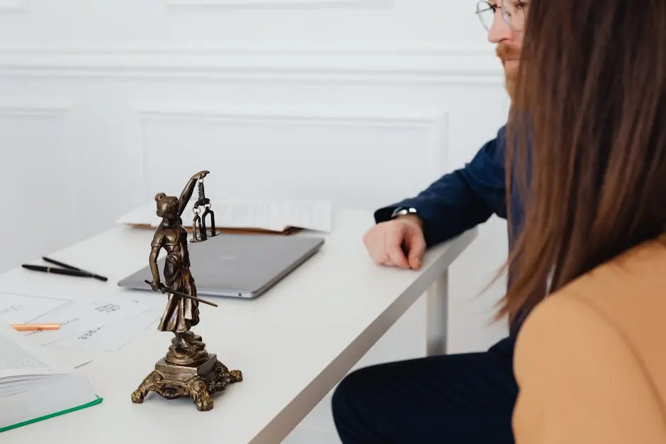 Professional setting with lawyers and Lady Justice statue discussing legal documents.