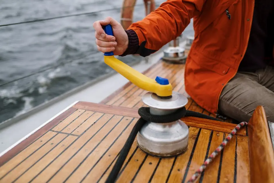 Man in orange jacket operating winch on sailboat deck during daytime sailing adventure.