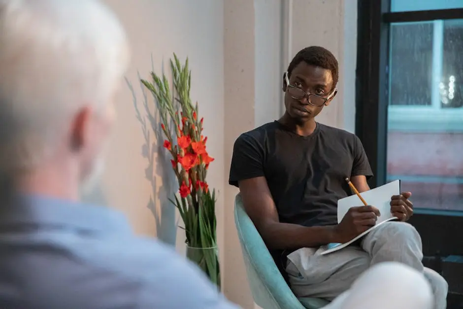 Hombre negro atento escribiendo en un cuaderno mientras está sentado con un cliente