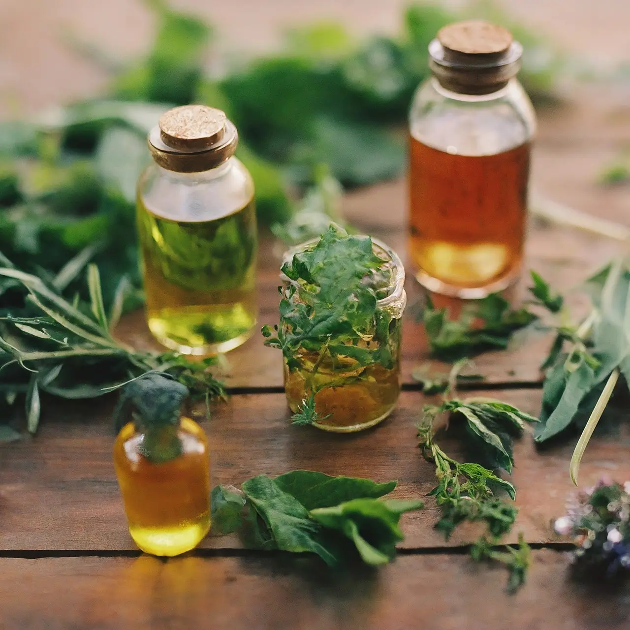 A variety of botanical extracts and herbs on wooden surface. 35mm stock photo