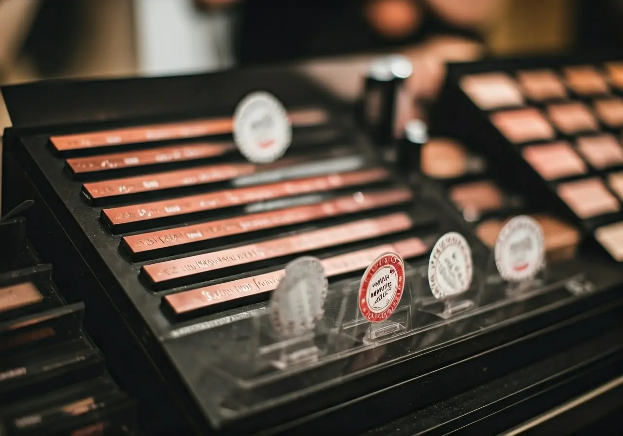 A makeup display with cruelty-free certification labels. 35mm stock photo