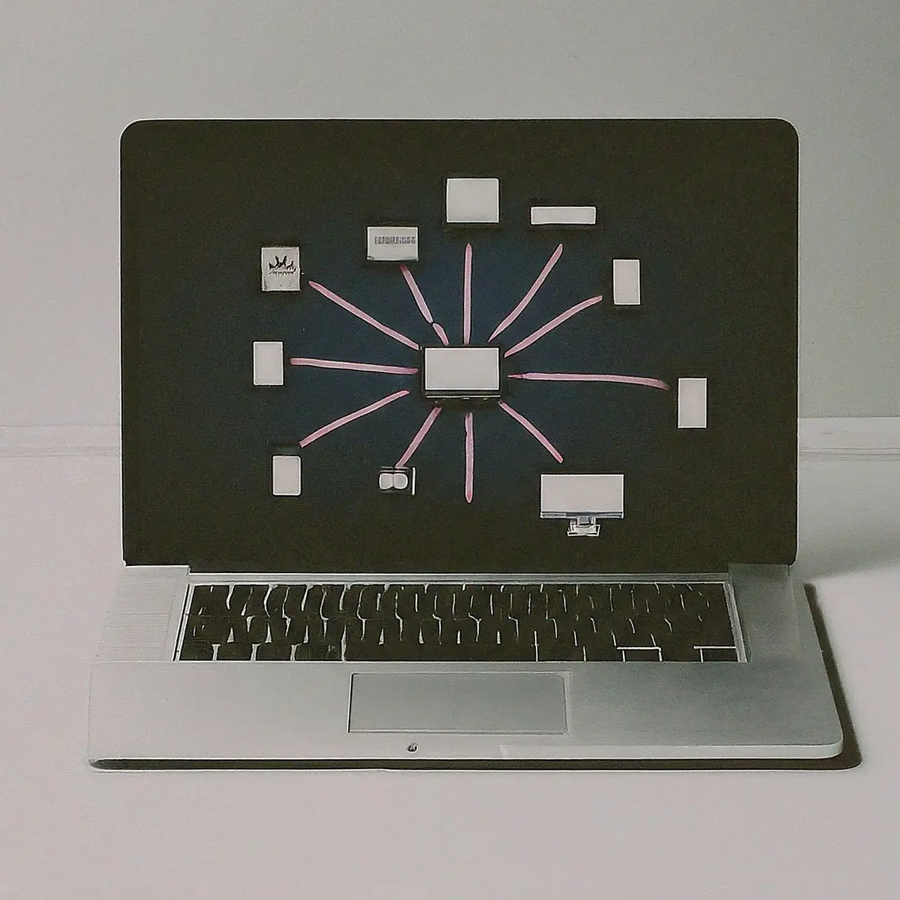 A laptop displaying a network connected to various digital devices. 35mm stock photo