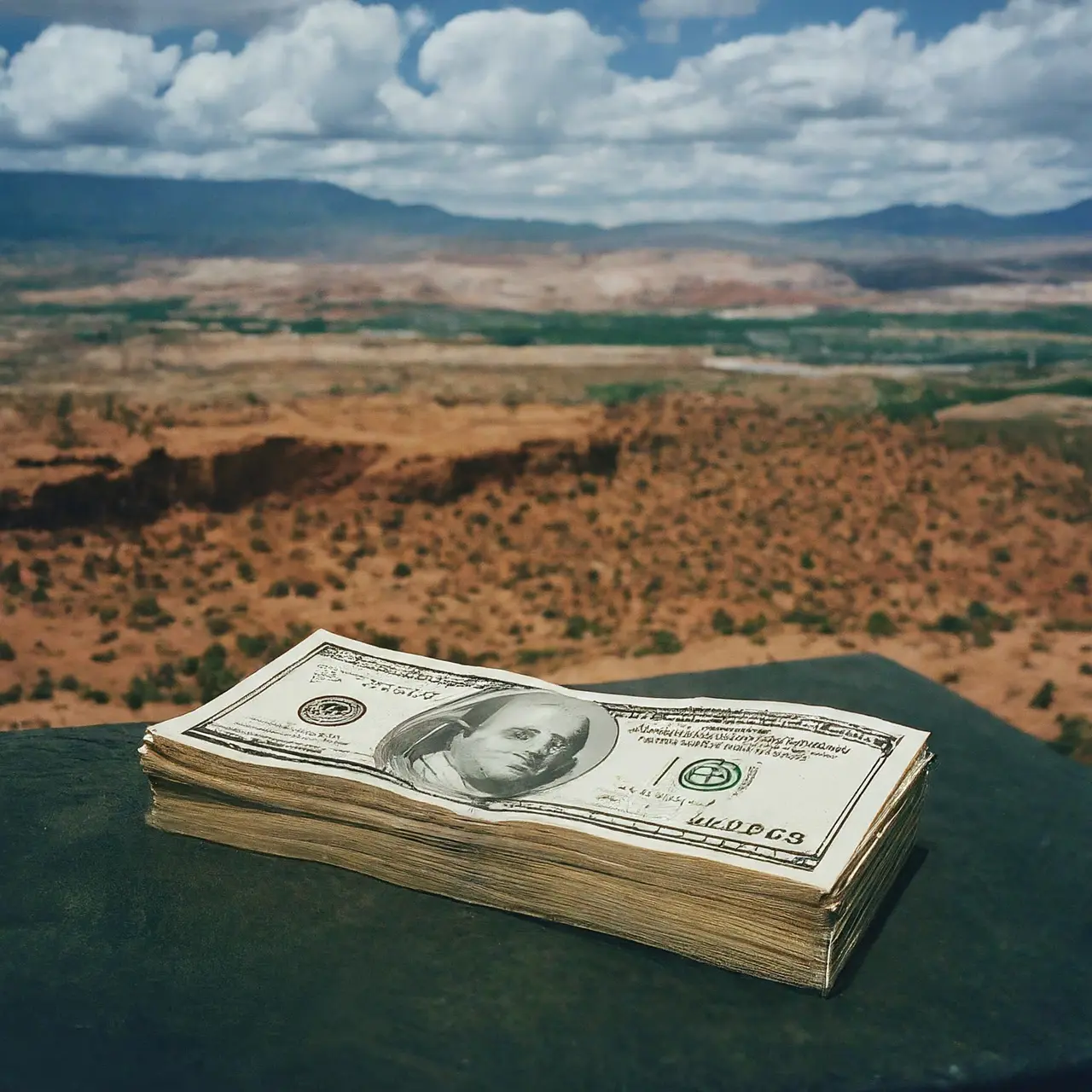 Stack of silver notes with scenic Utah background. 35mm stock photo