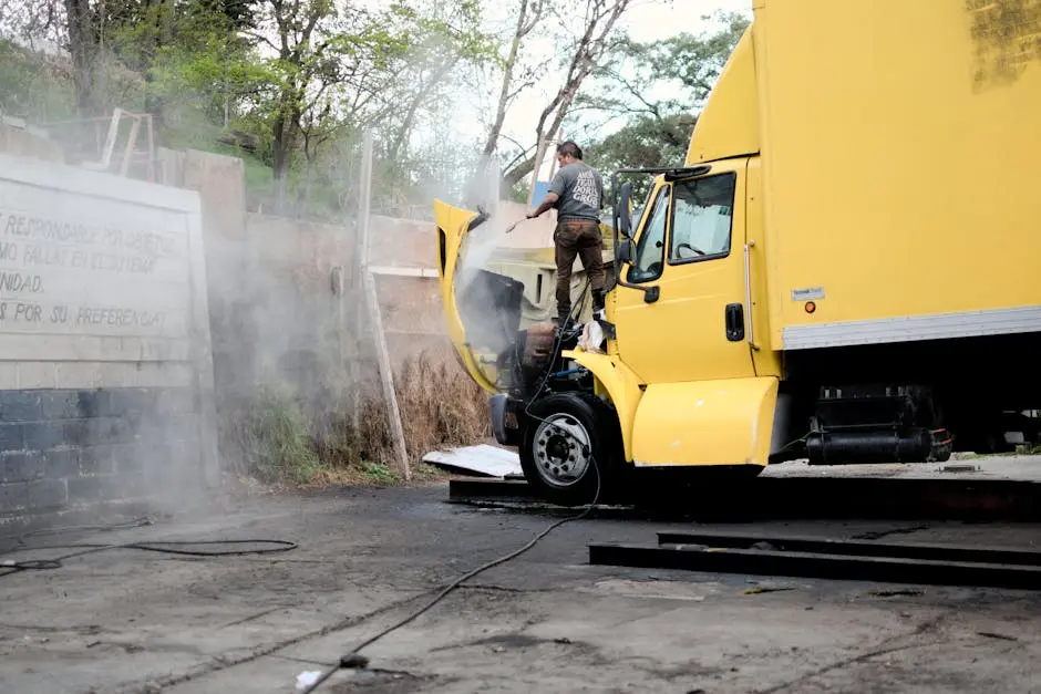 A yellow truck with a man spraying water on it