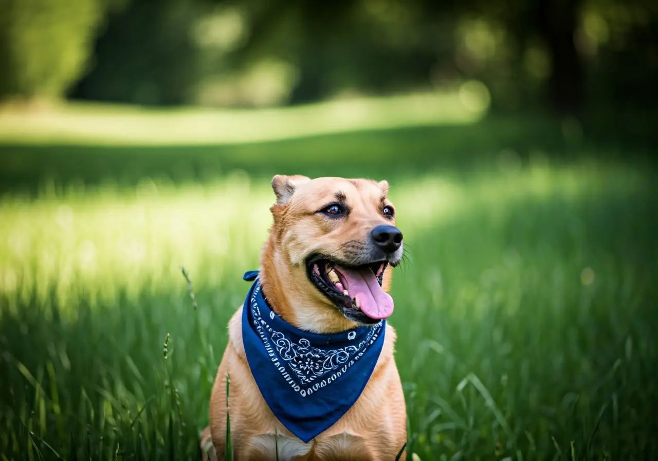 A happy dog wearing a bandana exploring a green park. 35mm stock photo