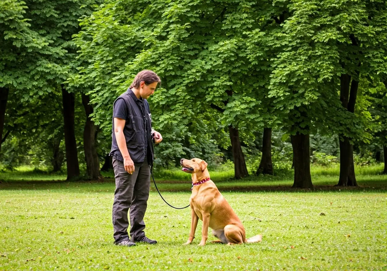 A dog trainer instructing a dog in a quiet park. 35mm stock photo