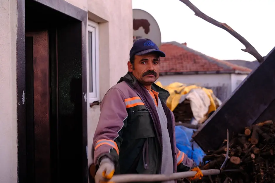 An adult man with a cap and jacket holding a tool outside in a rural setting.