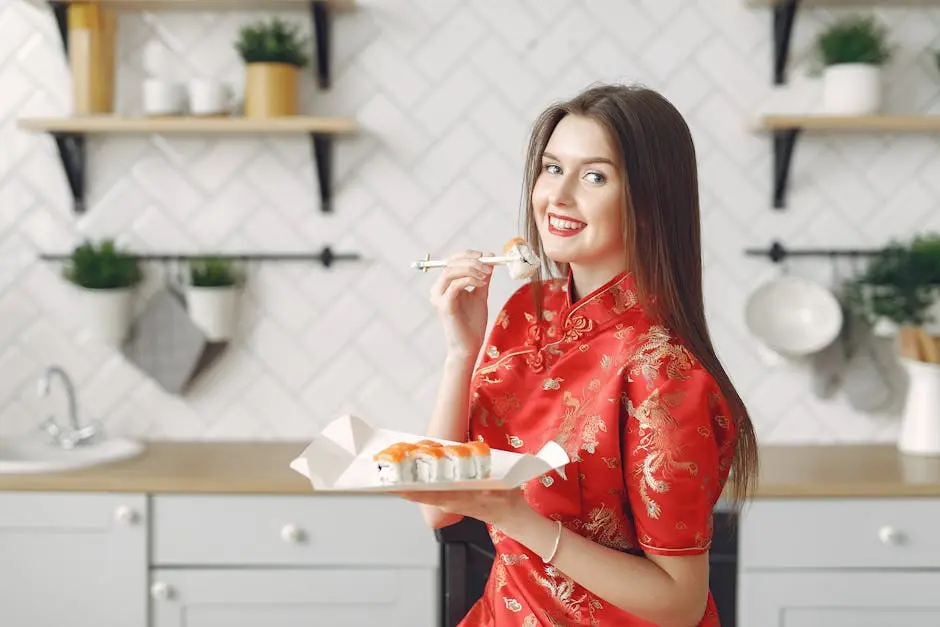 Happy young female with long dark hair in vivid dress enjoying Japanese traditional cuisine and eating appetizing sushi while having lunch in modern light kitchen