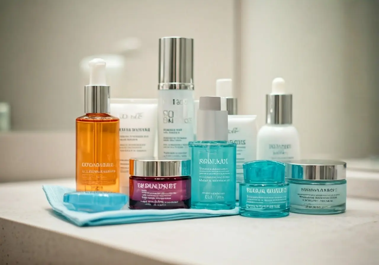 A collection of skincare products arranged neatly on a bathroom counter. 35mm stock photo