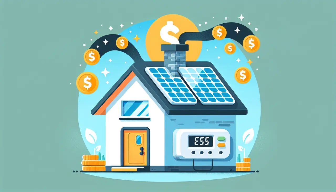 Draw a graphic in flat design style. A modern flat design illustration of a house with a digital thermostat, solar panels, and dollar signs flowing out of the chimney to symbolize savings.