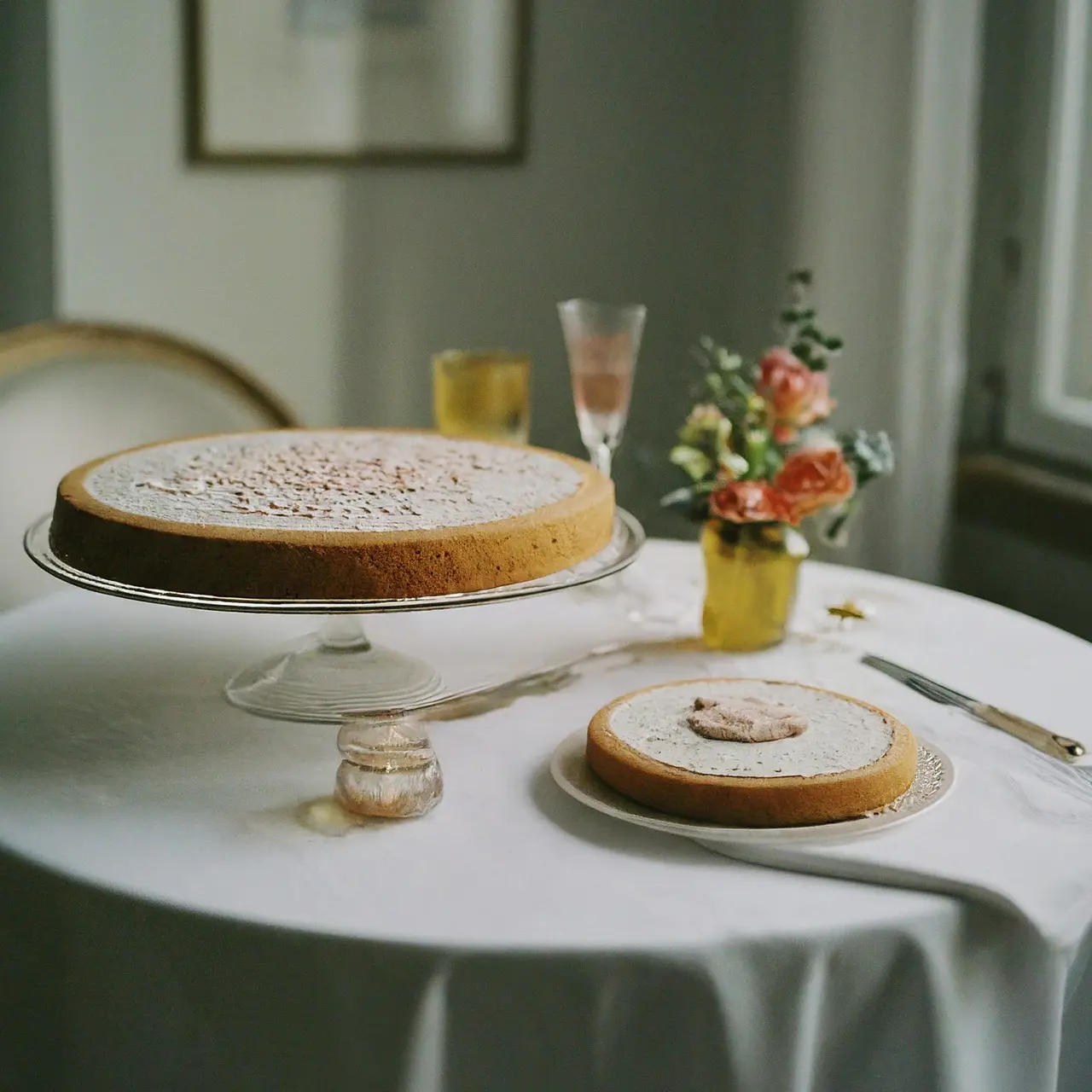 Eine kunstvoll verzierte, personalisierte Torte auf einem eleganten Tisch. 35mm stock photo