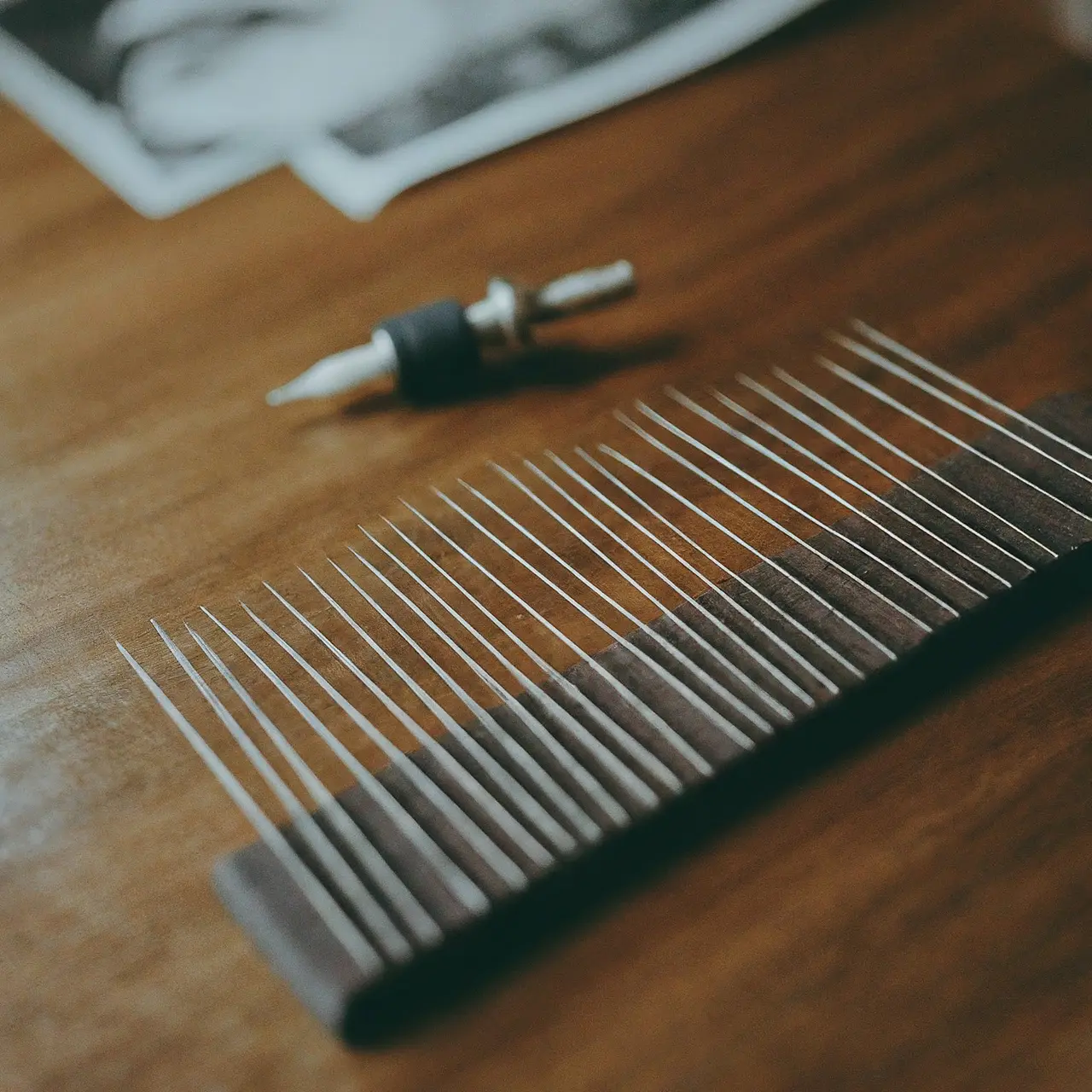 Close-up of various tattoo needles arranged on a wooden table. 35mm stock photo