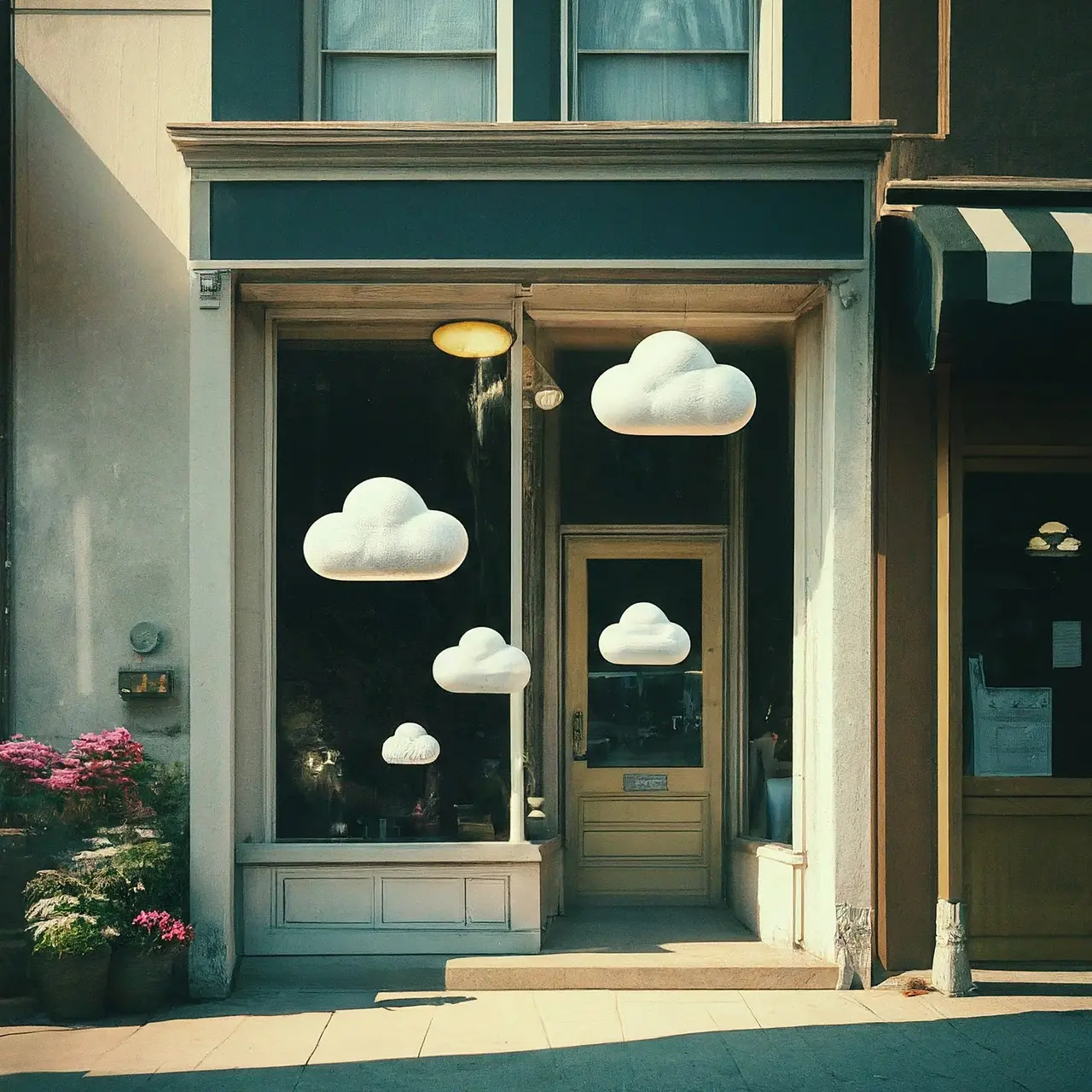 Cloud icons over a digitally-enhanced retail storefront. 35mm stock photo