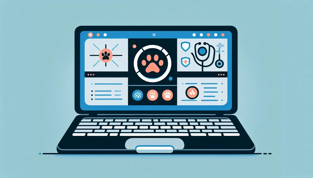 Draw a graphic in flat design style. Illustrate a sleek laptop displaying a veterinary management software interface, with an icon of a paw and a stethoscope on the screen.