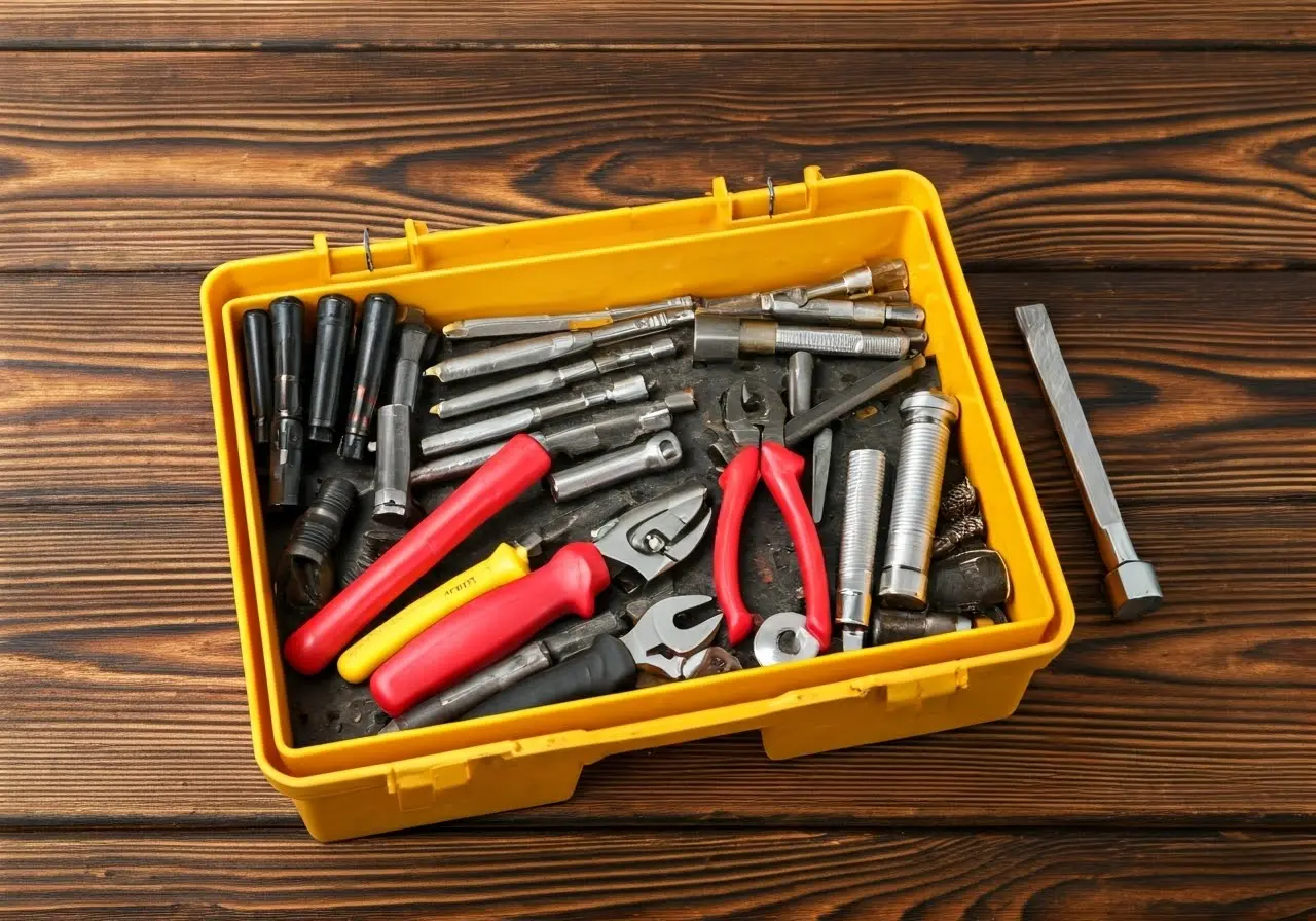 A toolbox with various repair tools on a wooden surface. 35mm stock photo