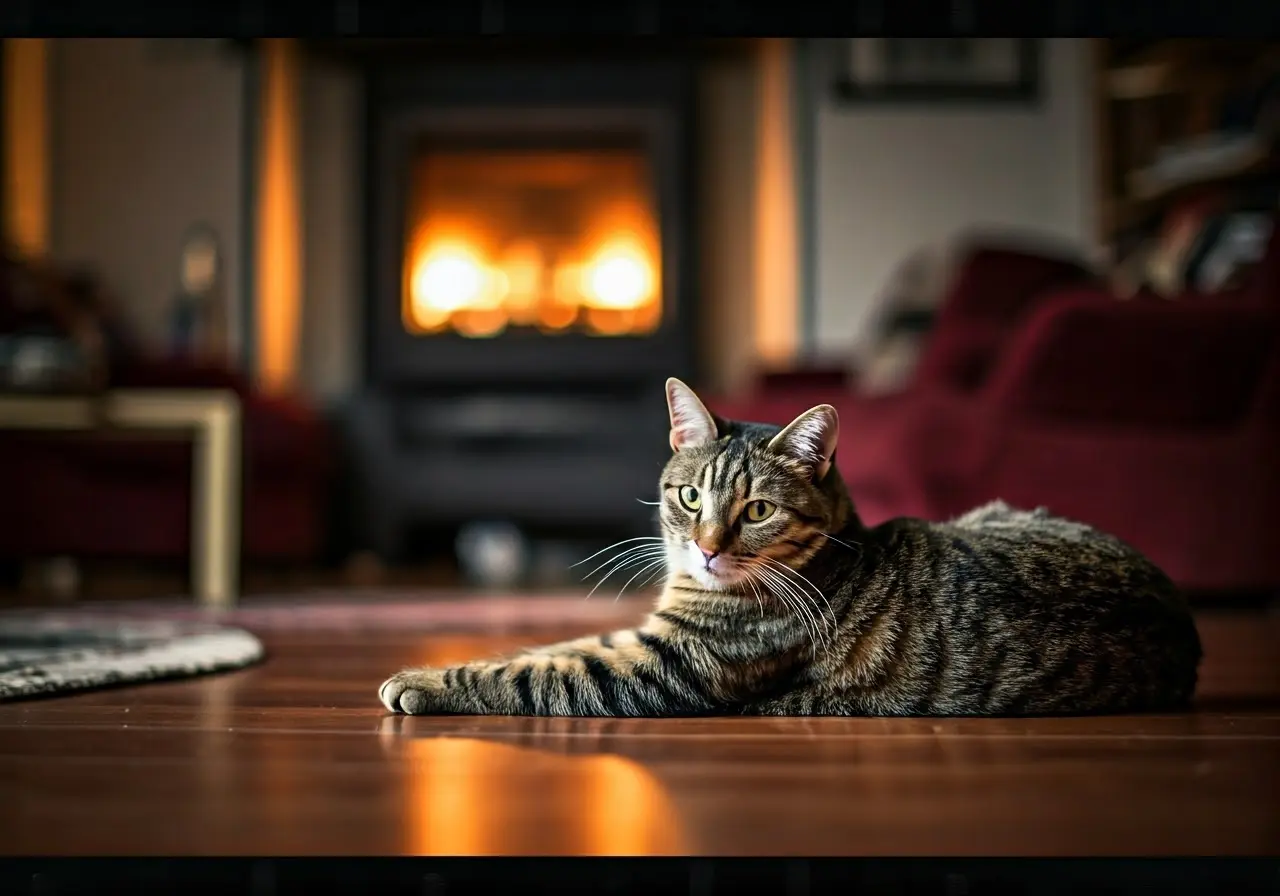 A cat lounging comfortably in a cozy living room. 35mm stock photo