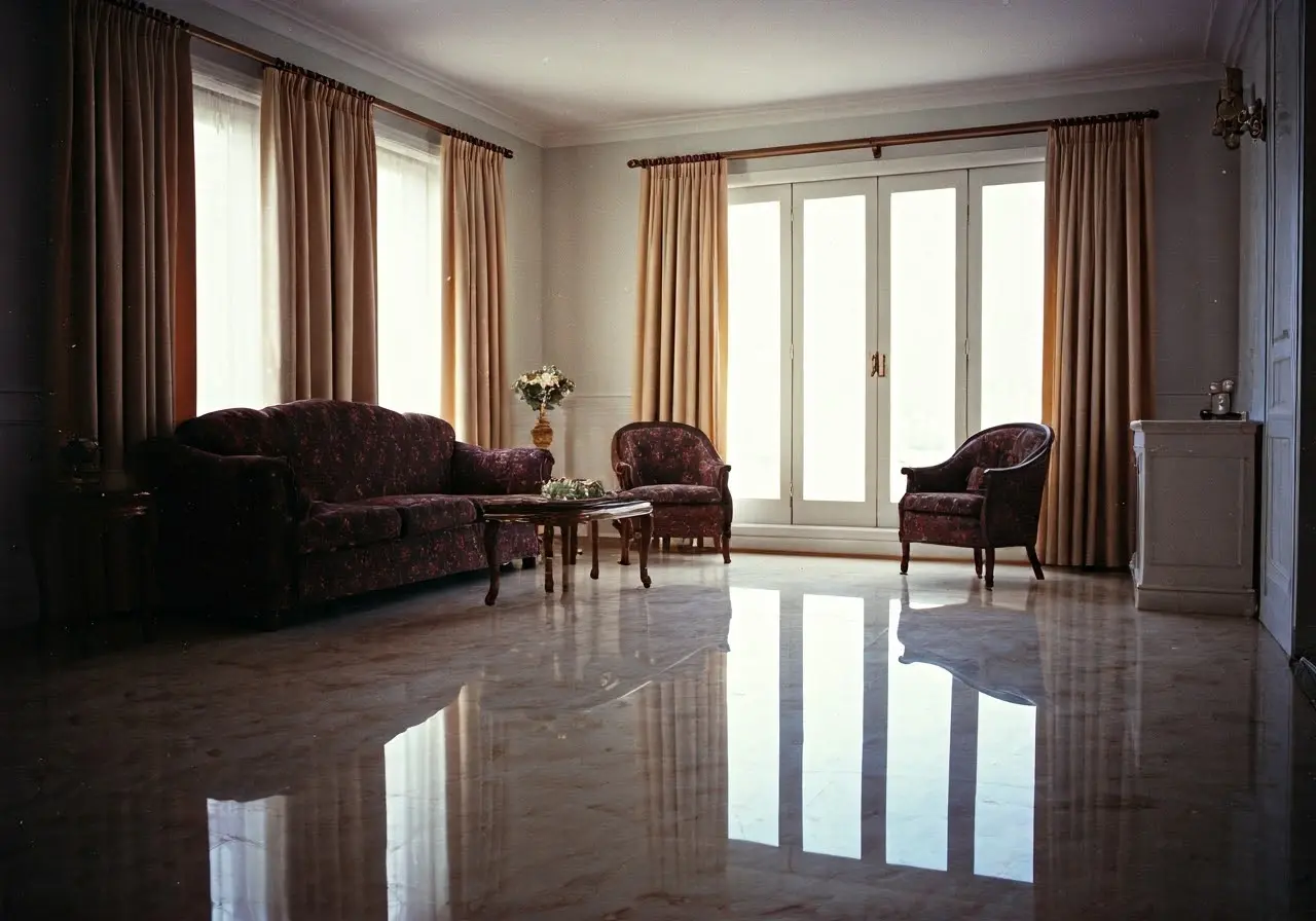 Elegant living room with sparkling clean, polished marble floors. 35mm stock photo