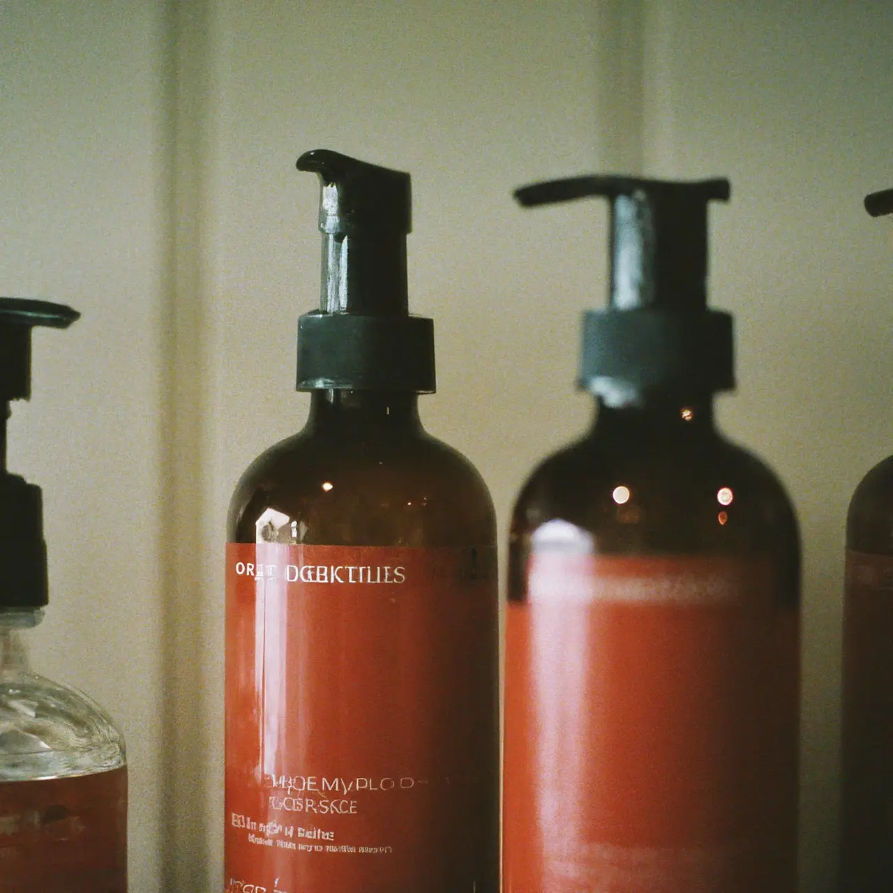 Bottles of various curl-enhancing hair products on a shelf 35mm stock photo