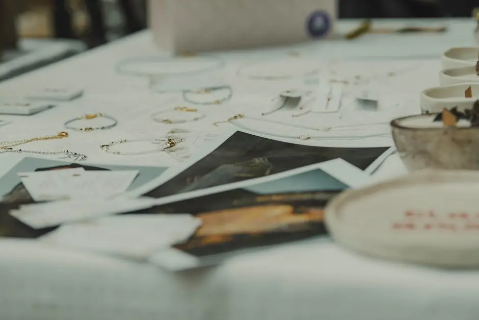 A close-up of various jewelry pieces elegantly displayed on a white table.