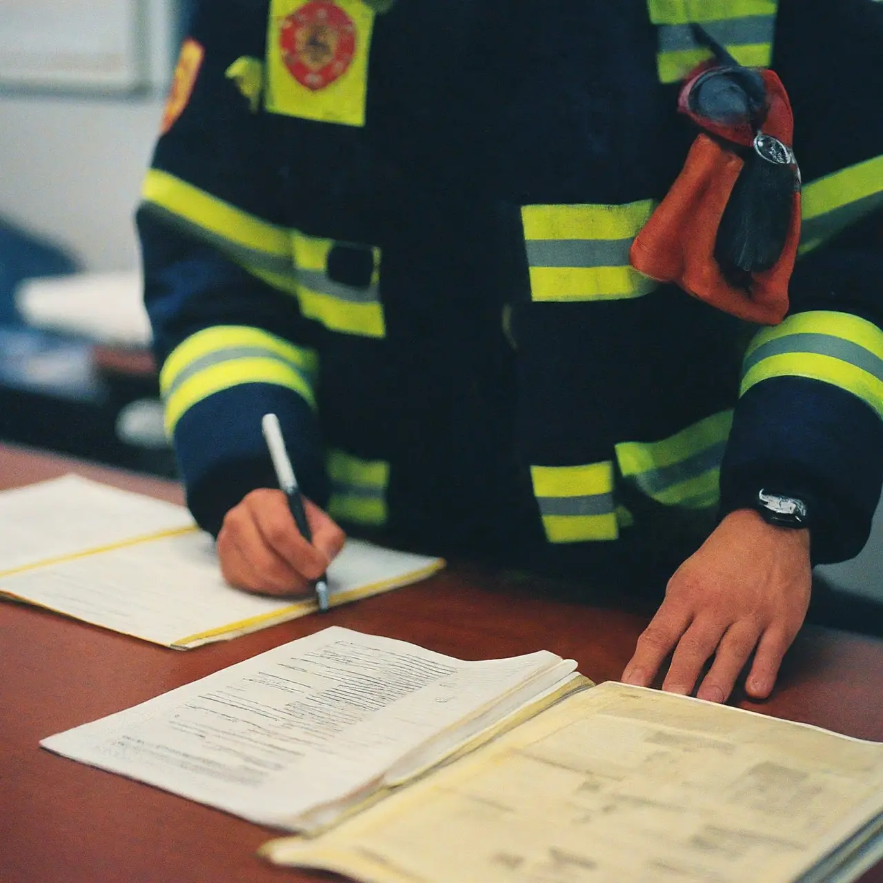 A first responder studying emergency procedure documents in an office. 35mm stock photo