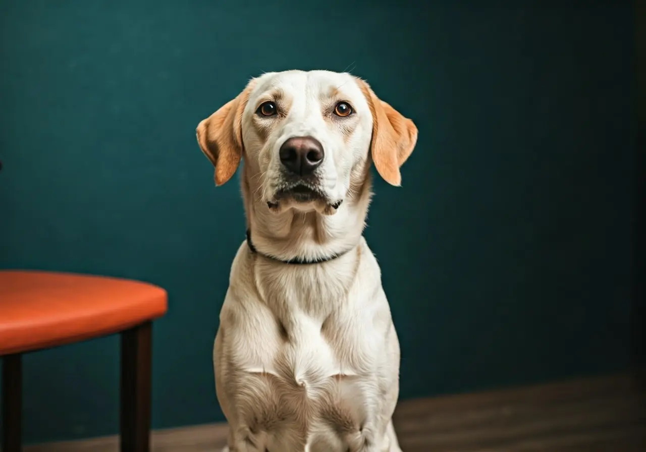 A patient dog sitting calmly in a consulting room. 35mm stock photo