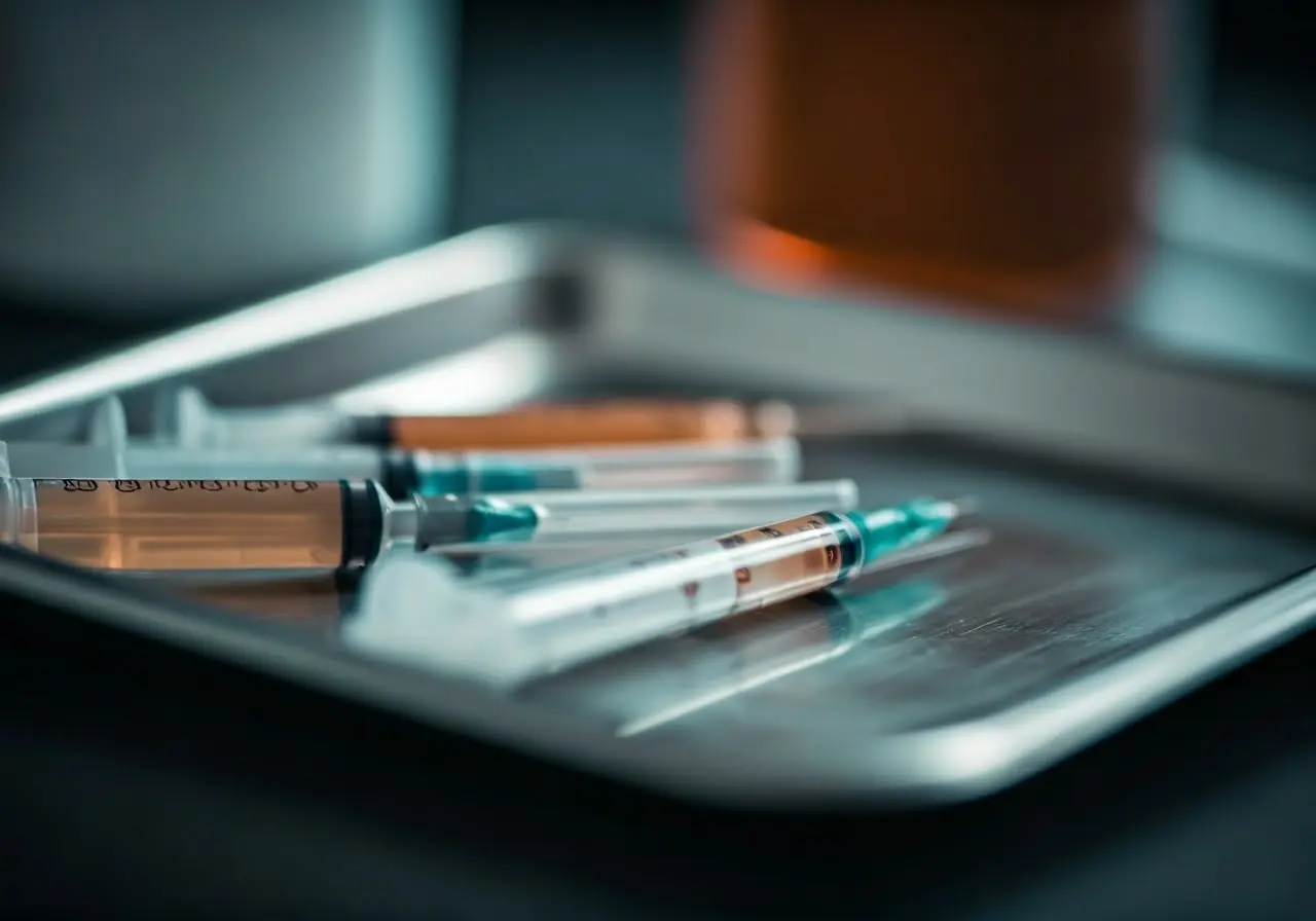 A close-up of various cosmetic filler syringes on a tray. 35mm stock photo