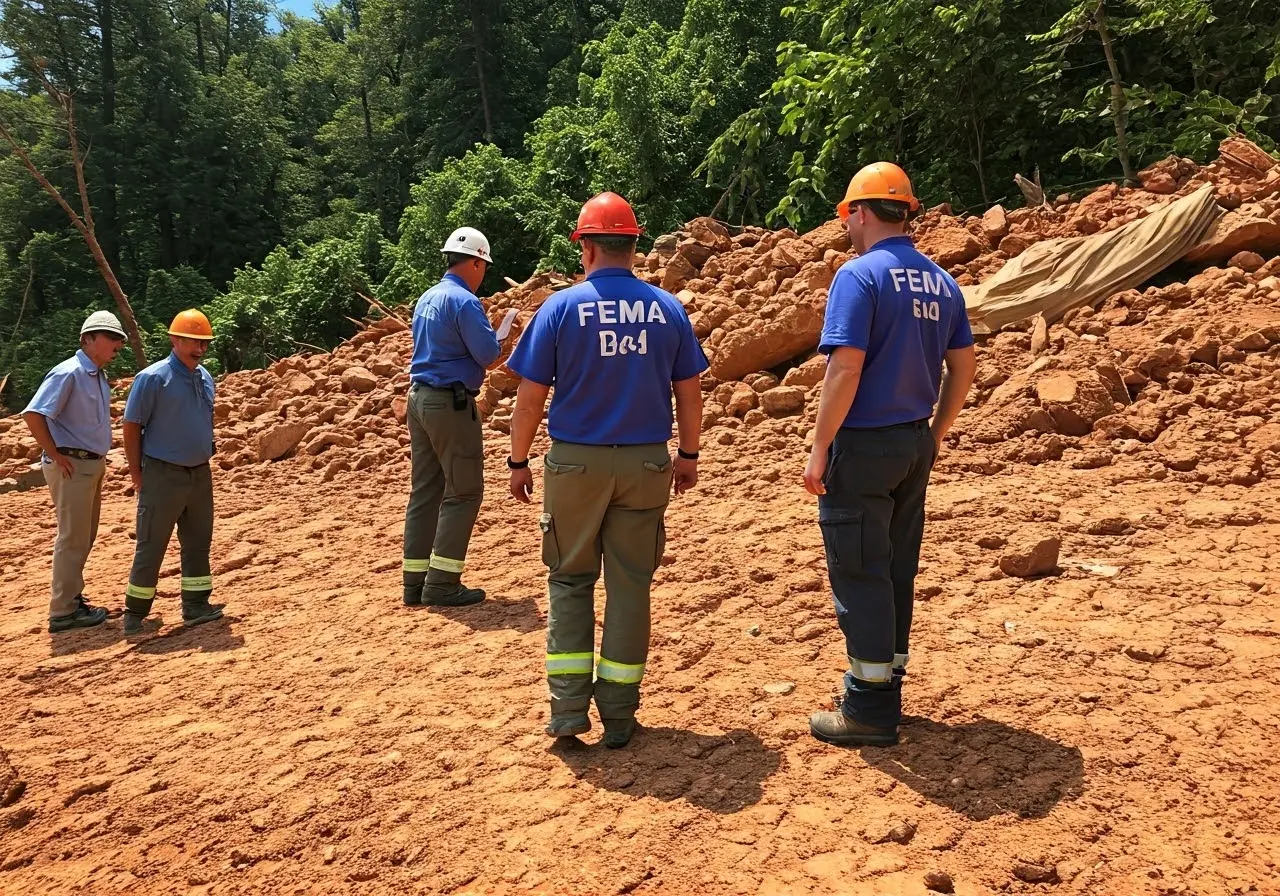 A FEMA emergency response team inspecting a disaster site. 35mm stock photo