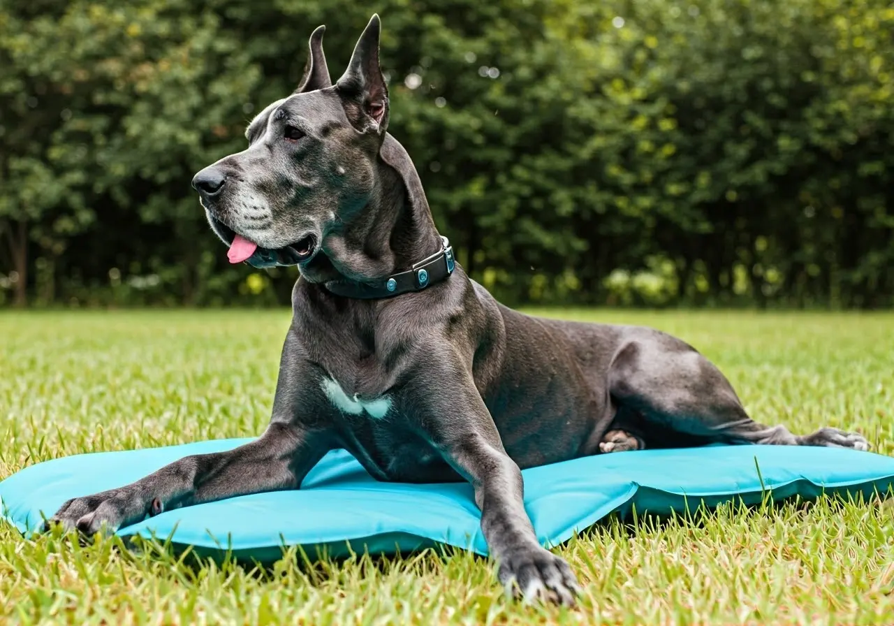 A Great Dane relaxing with a cooling pad in summertime. 35mm stock photo