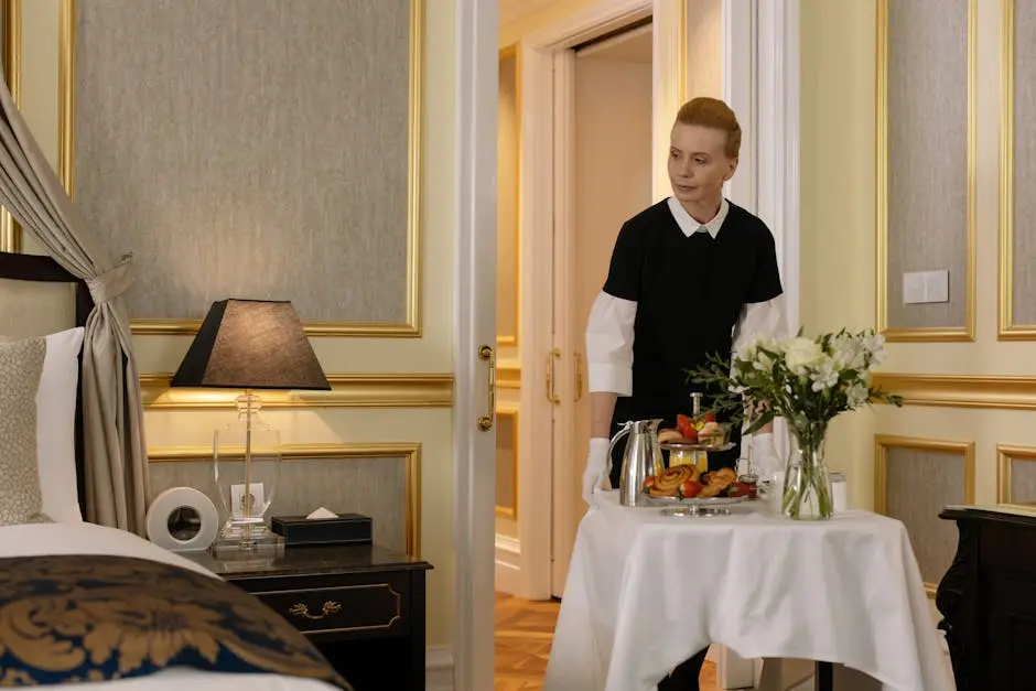 Chambermaid delivering luxury room service breakfast to a stylish hotel room, exuding comfort and hospitality.